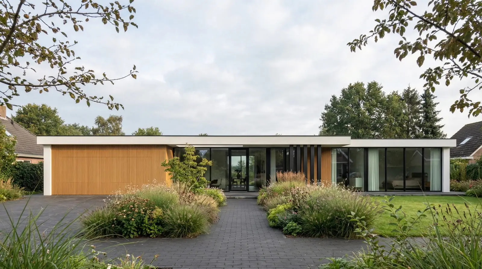 Dom parterowy 147 m² — front z podjazdem